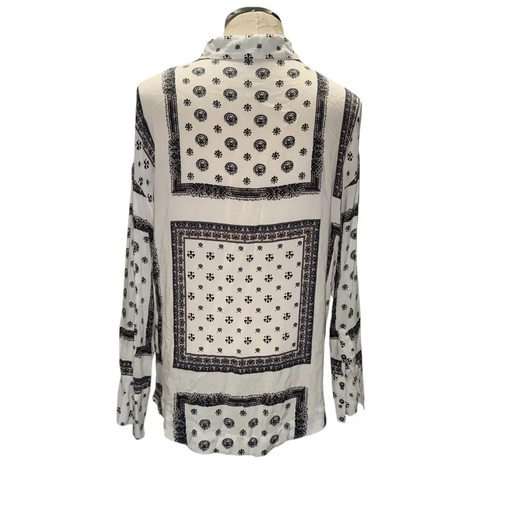 Free People Little Secret Blouse White Printed Button Front Long Sleeve XS